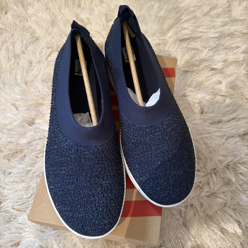 Fitflop Womens Uberknit Ballerina Flat Size 10 Navy Sparkle Slip On Toning Shoe